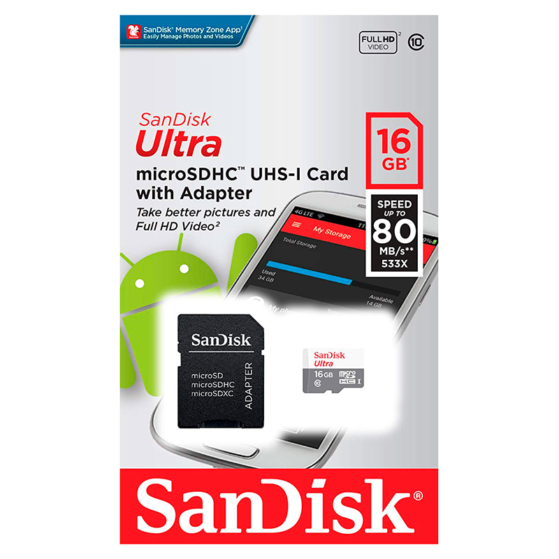 MEMORIA MICRO SD SANDISK ULTRA 16GB 80MB/S