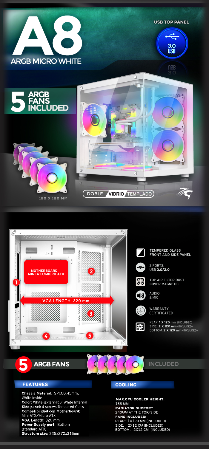 Gabinete Sentey A8 White 5fans Argb Tg X2