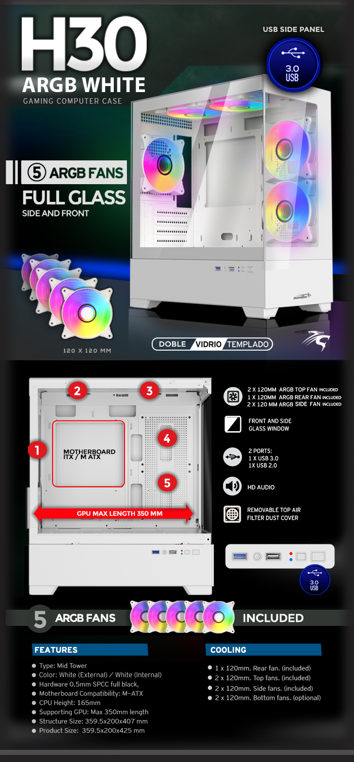 Gabinete Sentey H30 5fans Argb Tg White