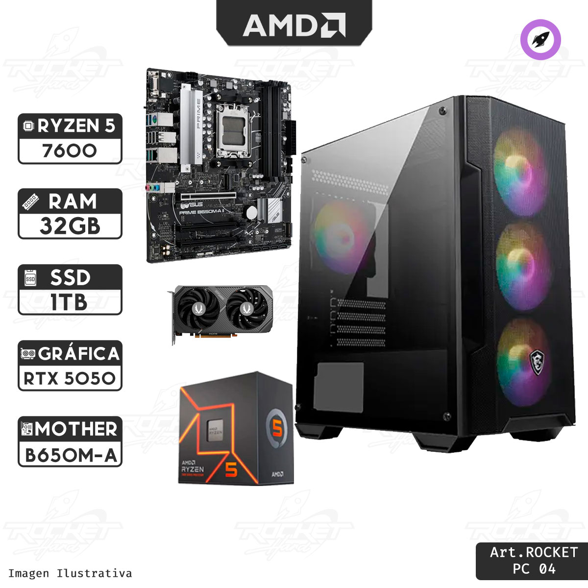 PC ROCKET AM5 RYZEN 5 7600 - 32GB RAM - 1TB NVME - RTX 5050