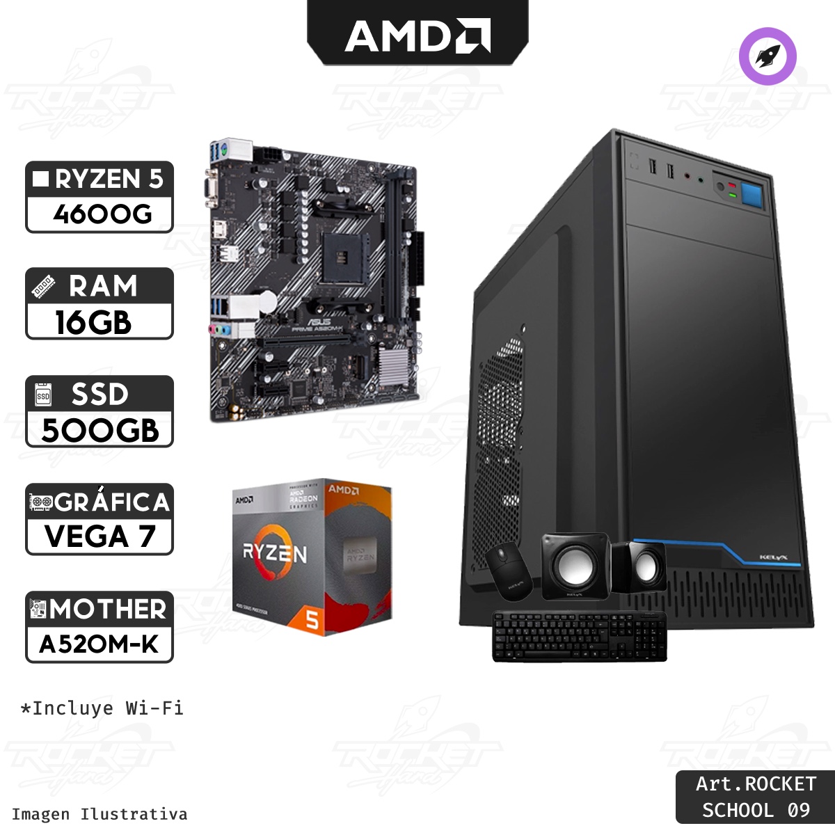 ROCKET SCHOOL 09 - RYZEN 5 4600G - 16GB - SSD 500GB - KIT GABINETE - WIFI