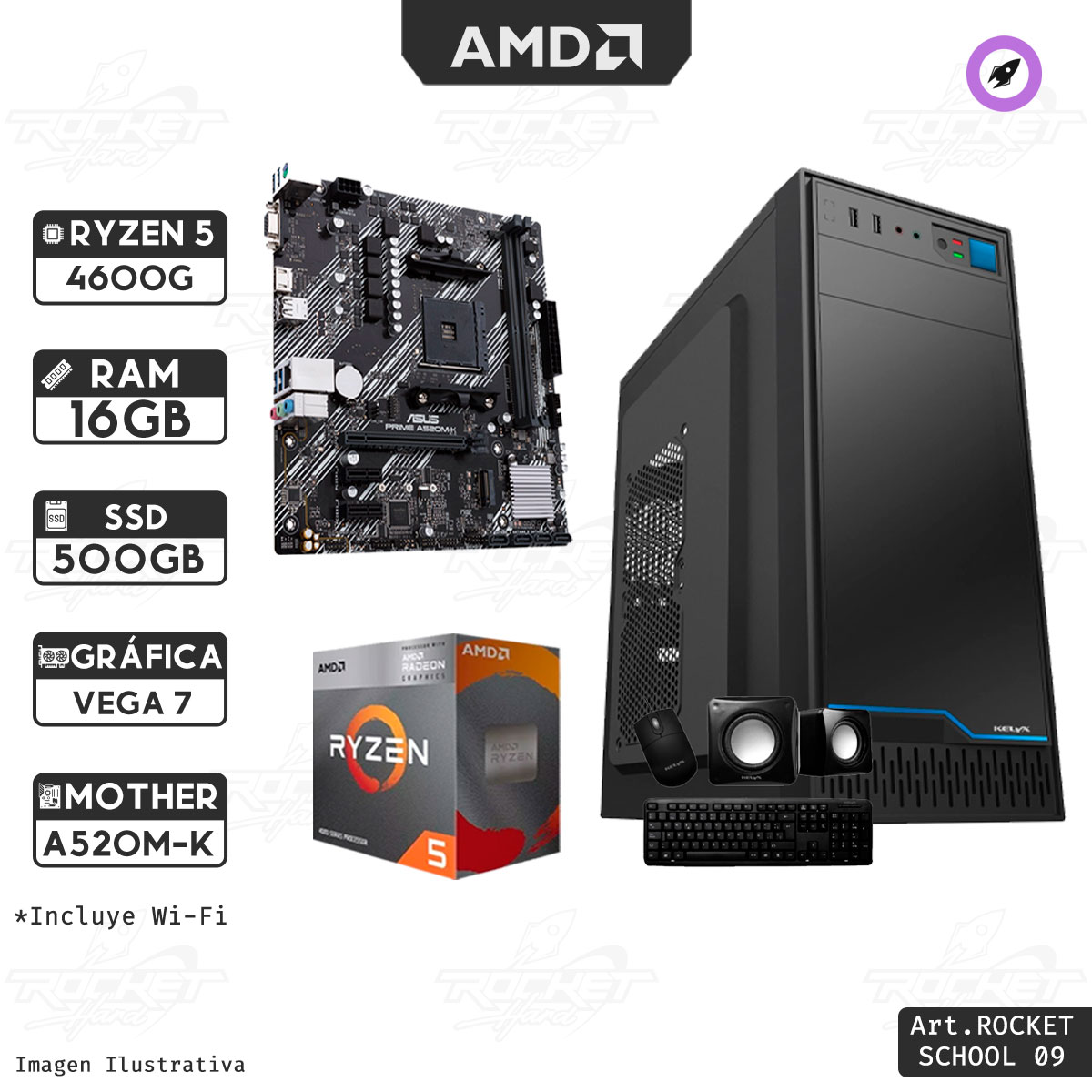 ROCKET SCHOOL 09 - RYZEN 5 4600G - 16GB - SSD 500GB - KIT GABINETE - WIFI