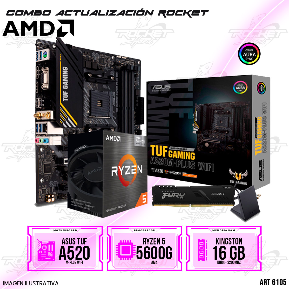 COMBO ROCKET AMD RYZEN 5 5600G - A520 WIFI -16GB RAM