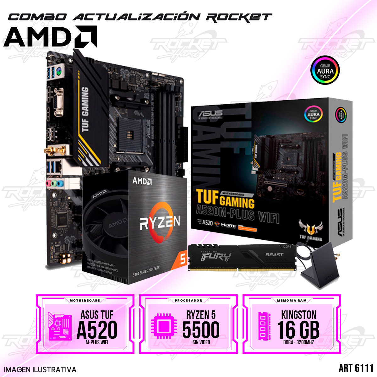 COMBO ROCKET AMD RYZEN 5 5500 - A520 WIFI -16GB RAM