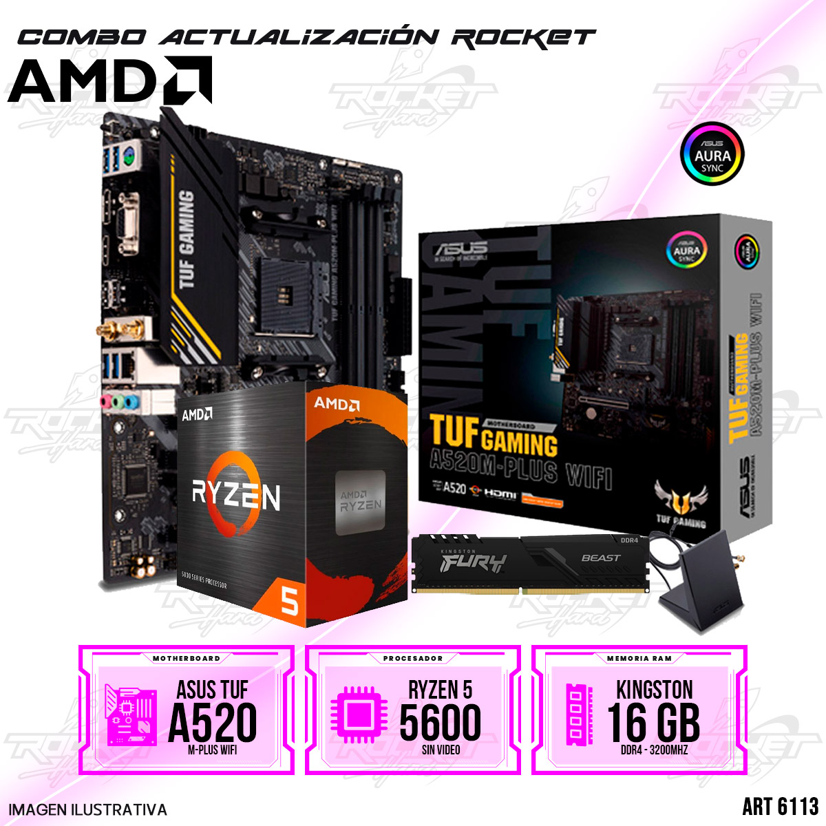COMBO ROCKET AMD RYZEN 5 5600 - A520 WIFI - 16GB RAM