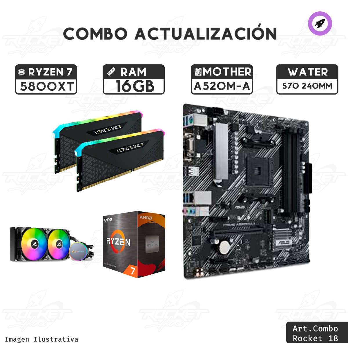 COMBO ROCKET RYZEN 7 5800XT - A520M-A II - 16GB - WATER 240MM