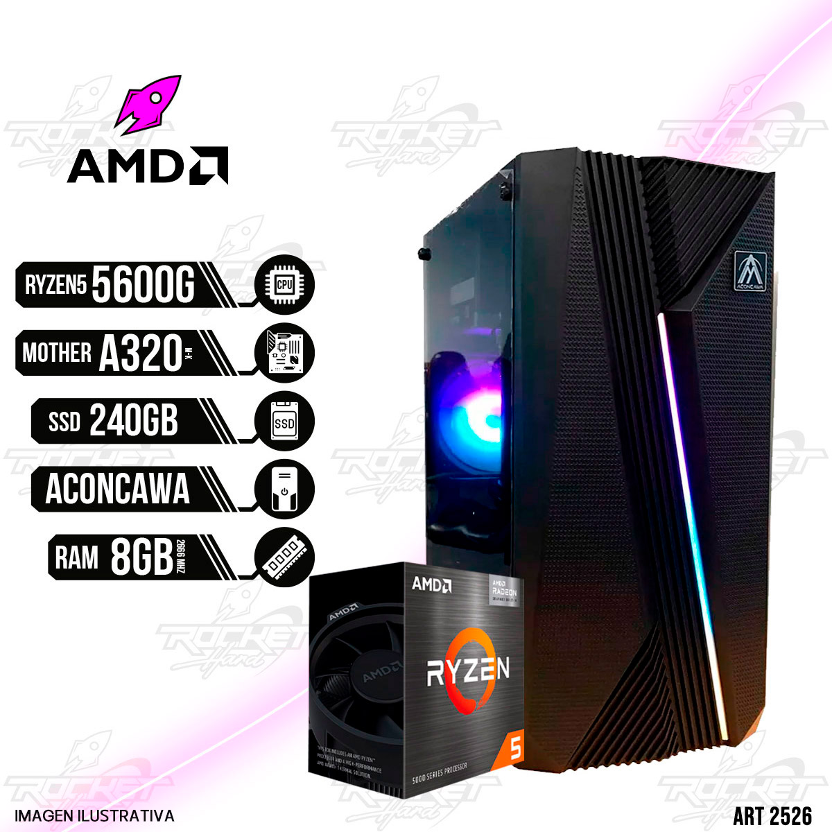 PC ROCKET AMD RYZEN 5 5600G - A320 - 8GB RAM - GABINETE RGB