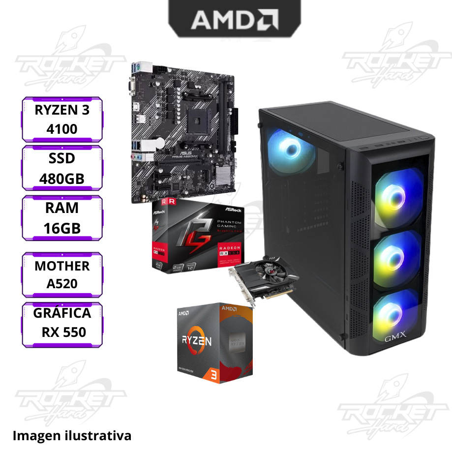 Pc Rocket Ryzen 3 4100 - 16gb - 480gb - Rx 550 - Gabinete Rbg