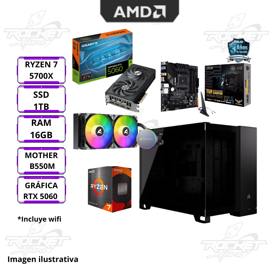 Pc Rocket Ryzen 7 5700x - 16gb - 1tb - Rtx 5060  - Water 240 - 750w - Gabinete Rgb