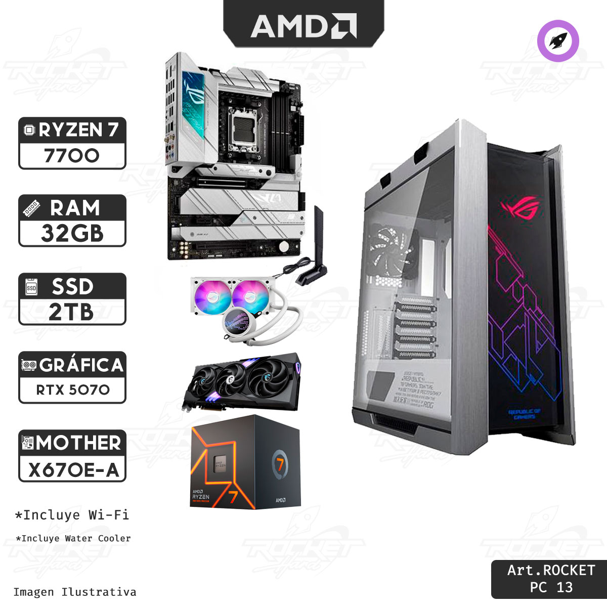 PC ROCKET ASUS RYZEN 7 7700 - 32GB - 2TB - RTX 5070 - WATER 240 - 750W - GABINETE RGB