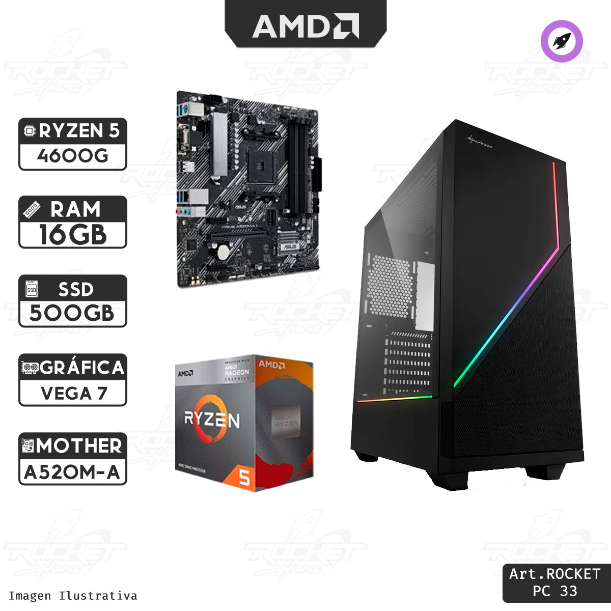 PC ROCKET RYZEN 5 4600G - 16GB - 500GB - 550W - GABINETE RGB