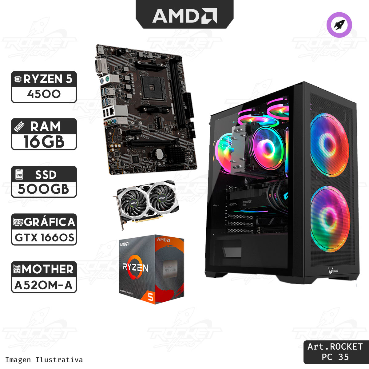 PC ROCKET RYZEN 5 4500 - 16GB- 500GB - 1660S - 550W - GABINETE RGB
