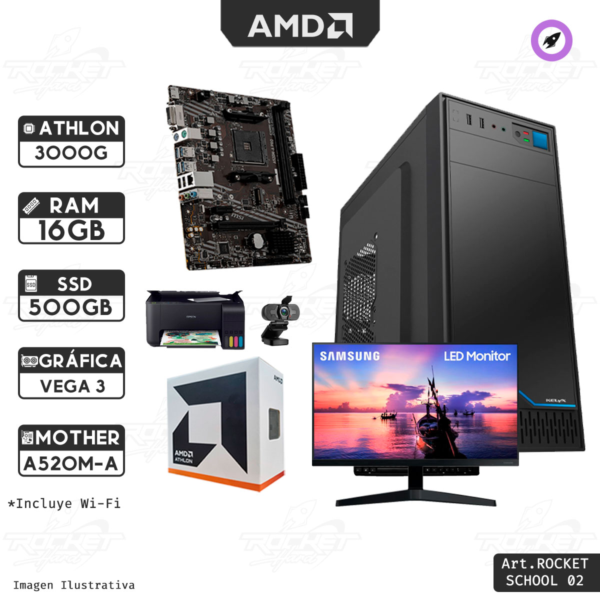 ROCKET SCHOOL 02 - ATHLON 3000G - A520M-K - 16GB - 500GB - GABINETE KIT - MONITOR - IMPRESORA - CAMARA