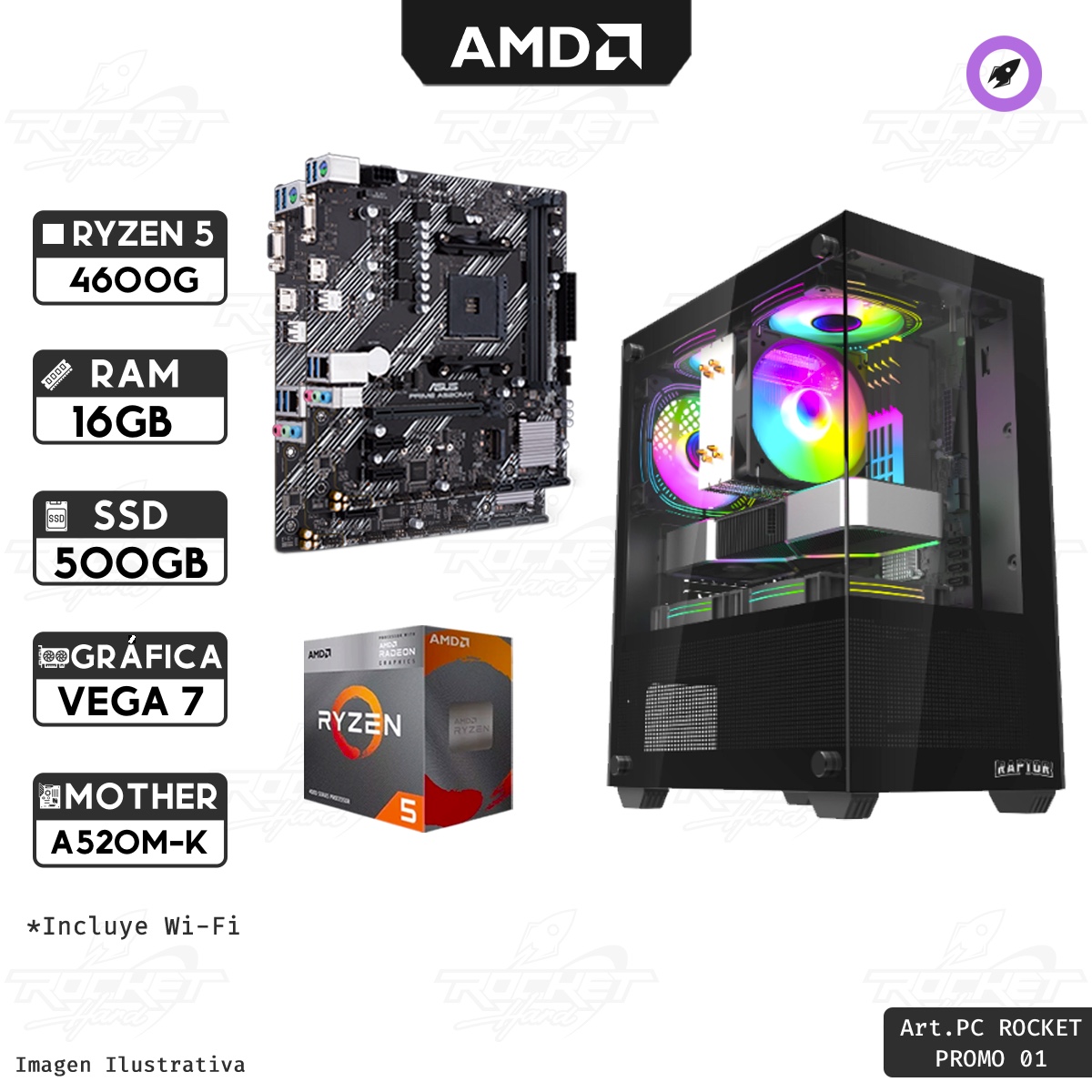 PC RYZEN 5 4600G - A520 - 16GB - 500GB - GABINETE RGB