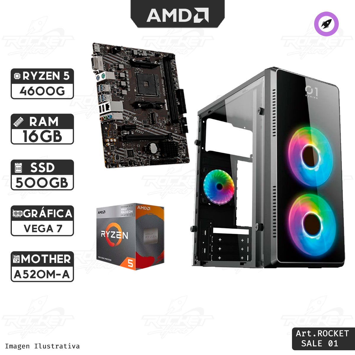 PC RYZEN 5 4600G - A520 - 16GB - 500GB - GABINETE RGB