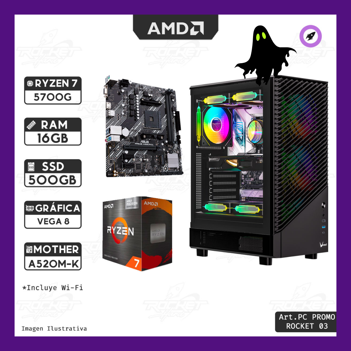 PC RYZEN 7 5700G - 16GB - 480GB - GABINETE RGB