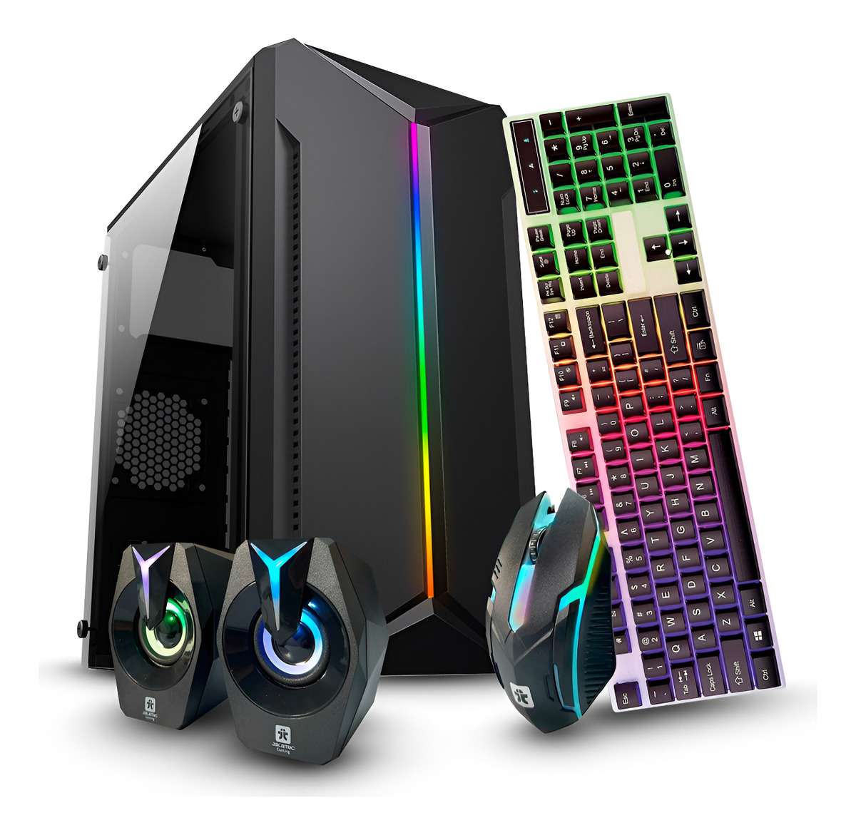 KIT GABINETE GAMER JALATEC BAREBONE JT-K80 (JT-520)LED STRIP + FUENTE 250W + TECLADO MOUSE Y PARLANTES RGB