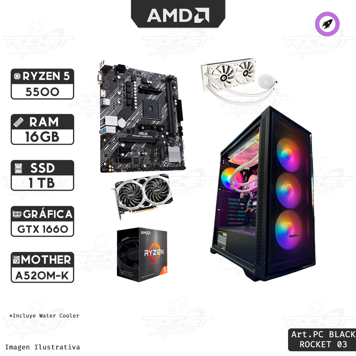 Pc Ryzen 5 5500-16gb-1tb-850w-a520-water240-gabinete 4 Fans+gtx 1660 Super