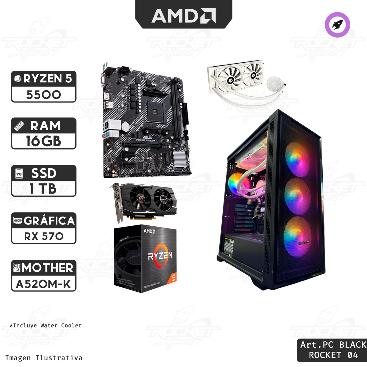 Pc Ryzen 5 5500-16gb-1tb-850w-a520-water240-gabinete 4 Fans+rx570 8gb