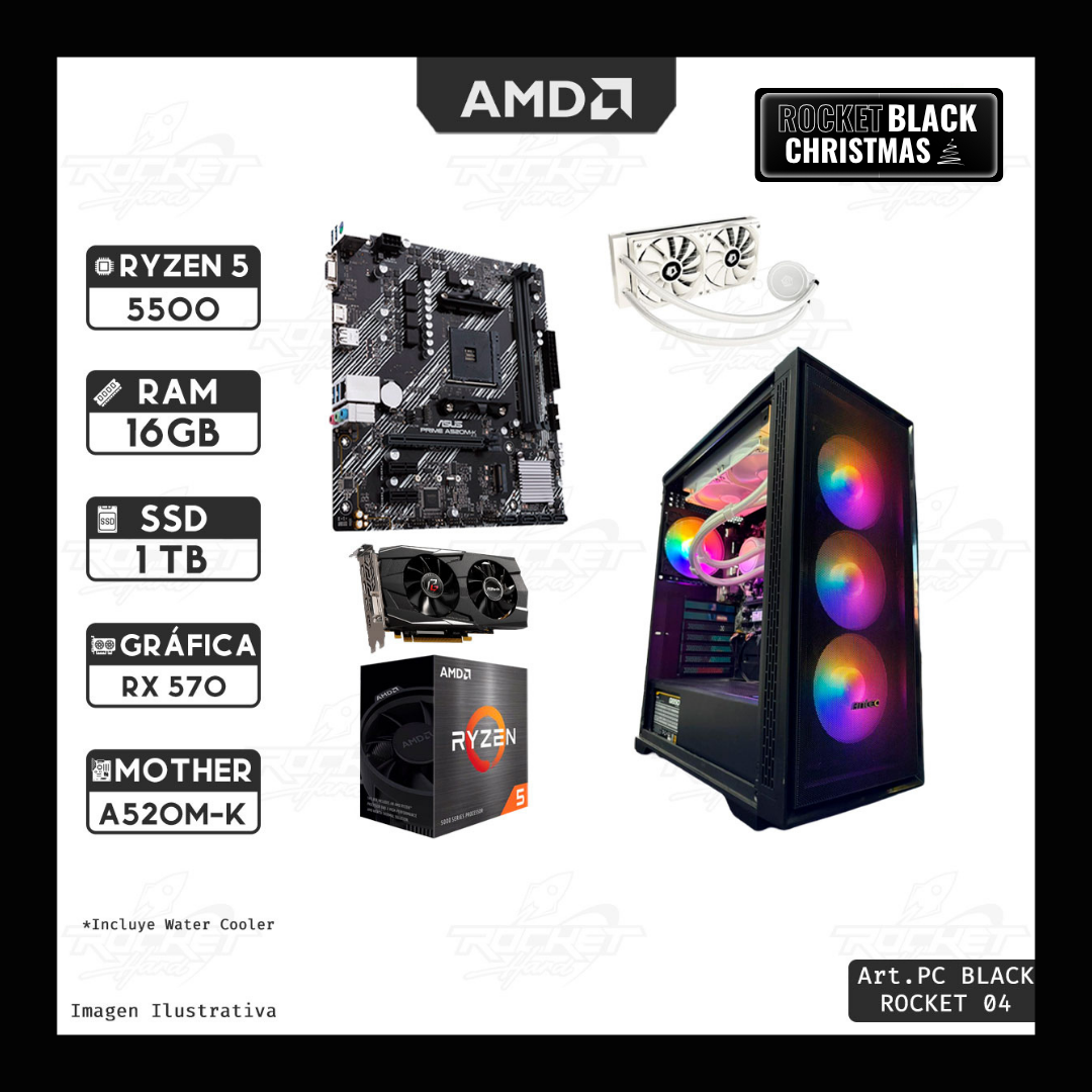 Pc Ryzen 5 5500-16gb-1tb-850w-a520-water240-gabinete 4 Fans+rx570 8gb