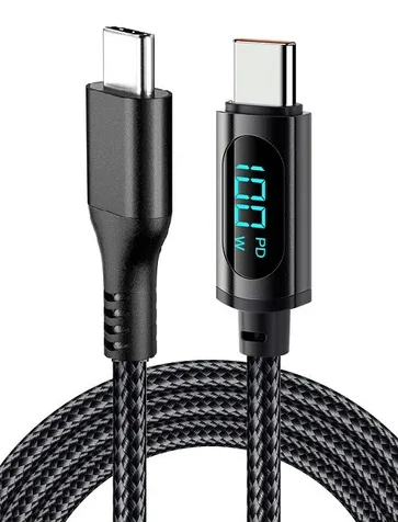 CABLE MALLADO TIPO C A C 100W - 5V - 20A - 480MBPS C/INDICADOR DIGITAL DE VOLTAJE Y AMPERAJE 1.00 MTS